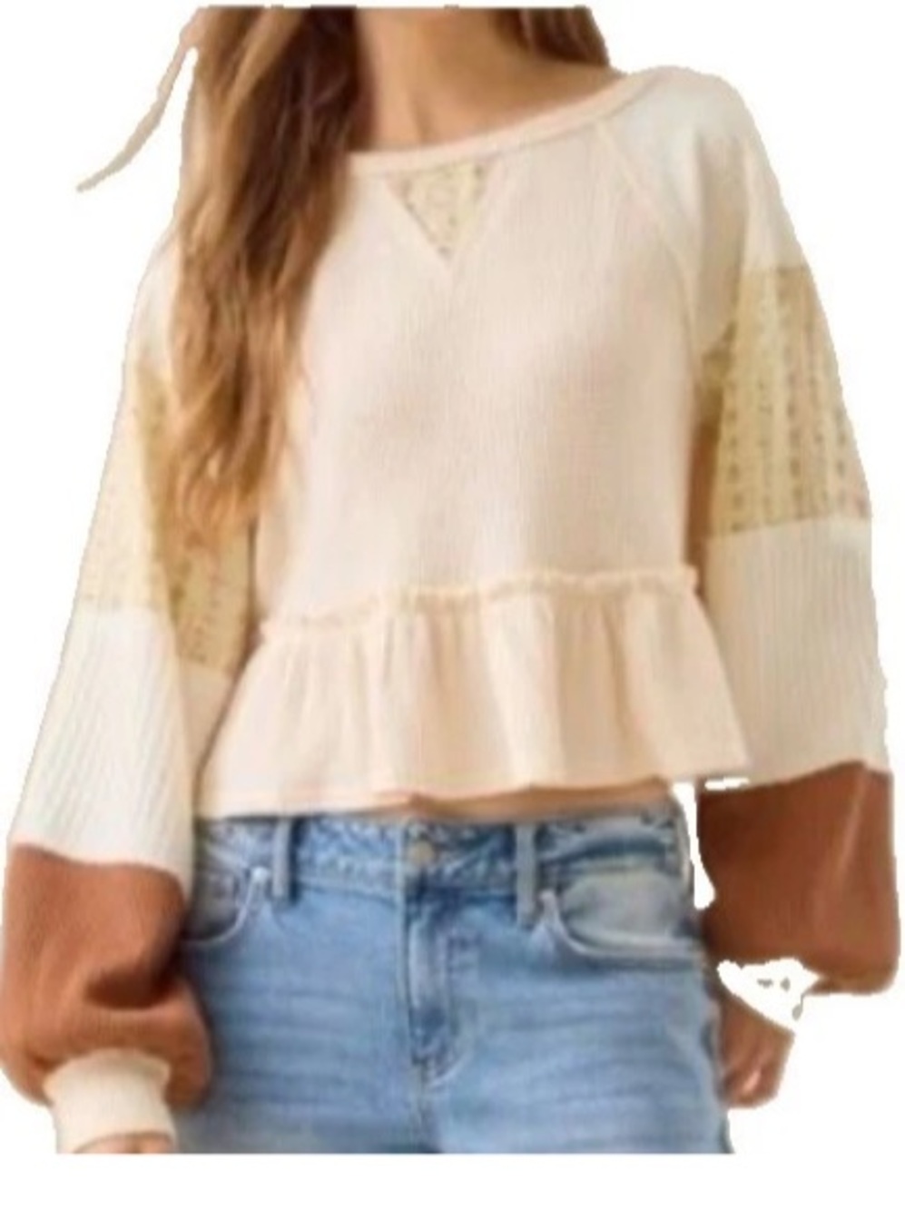 New Altar'd State S Cottagecore Cream Waffle Ruffle Crop Floral Long Sleeve Top.
